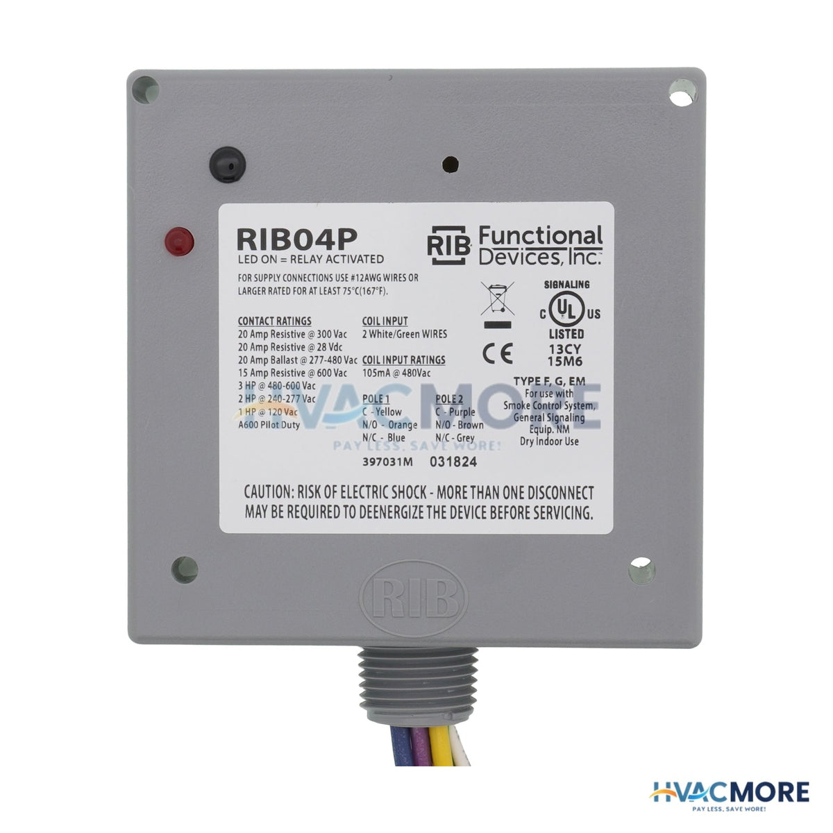 Functional Devices Enclosed Relay 20 Amp DPDT with 480 VAC Coil RIB04P