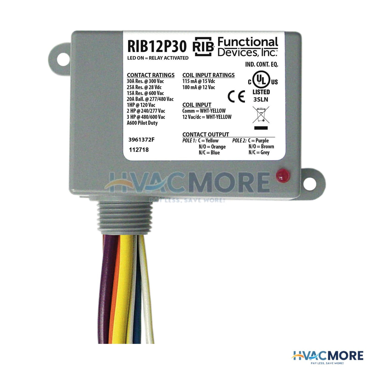 Functional Devices Enclosed Relay 30 Amp DPDT with 12 VAC/DC Coil RIB12P30