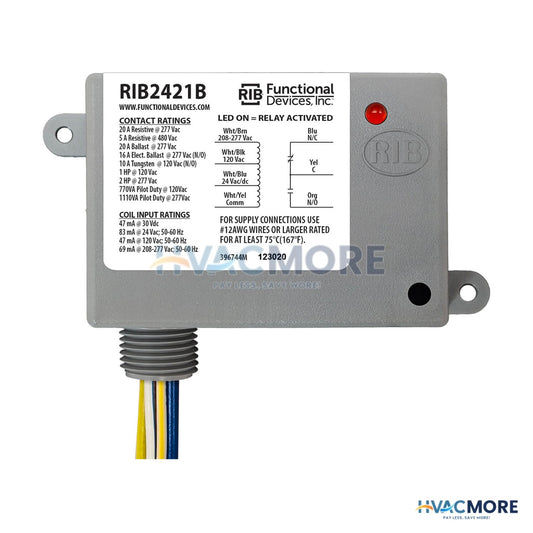 Functional Devices Enclosed Relay 20 Amp SPDT with 24 VAC/DC/120 VAC/208-277 VAC Coil RIB2421B