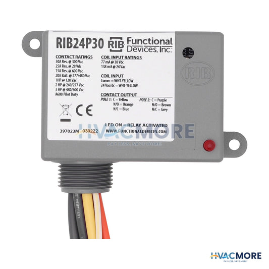 Functional Devices Enclosed Relay 30 Amp DPDT with 24 VAC/DC Coil RIB24P30