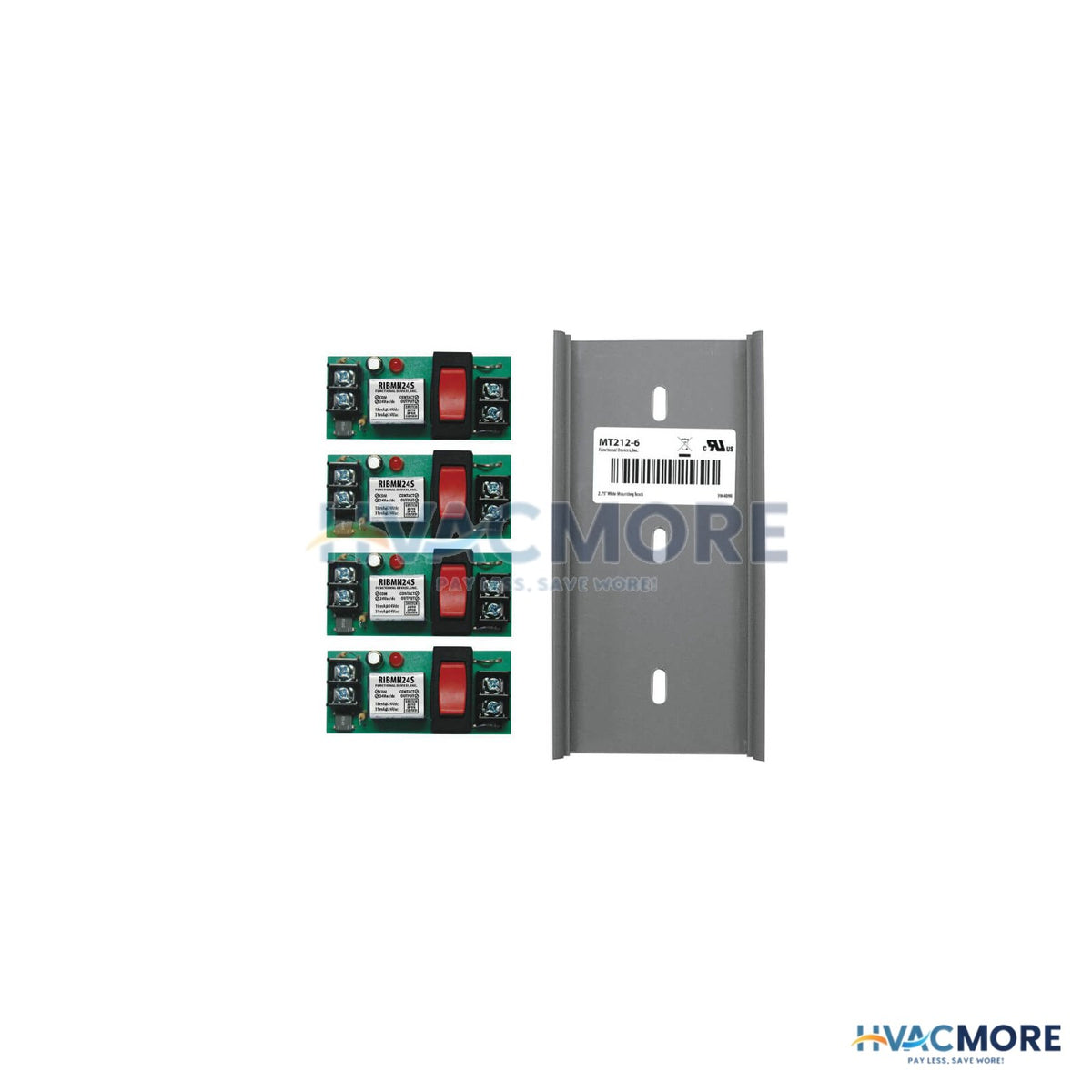 Functional Devices 2.75" x 6" Track Mount Pilot Relays, 15 Amp SPST & Override, W/ 24 VAC/DC Coil (Four Relays) RIBMN24S-4T