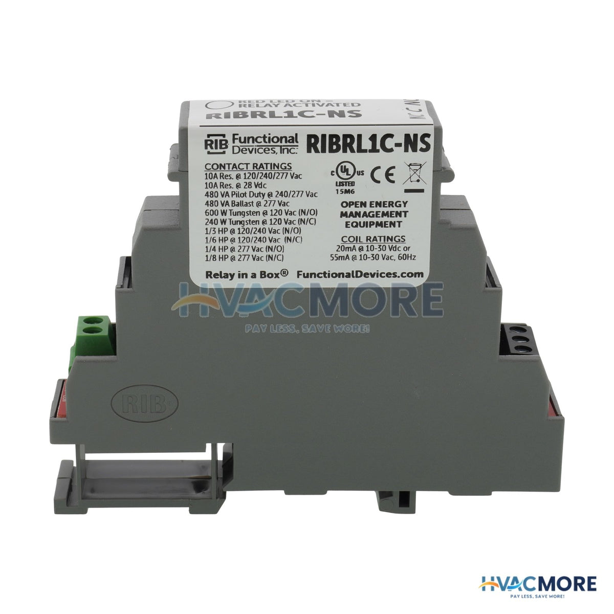 Functional Devices DIN Rail Mount Relay, 10 Amp SPDT, 10-30 VAC/DC Coil RIBRL1C-NS