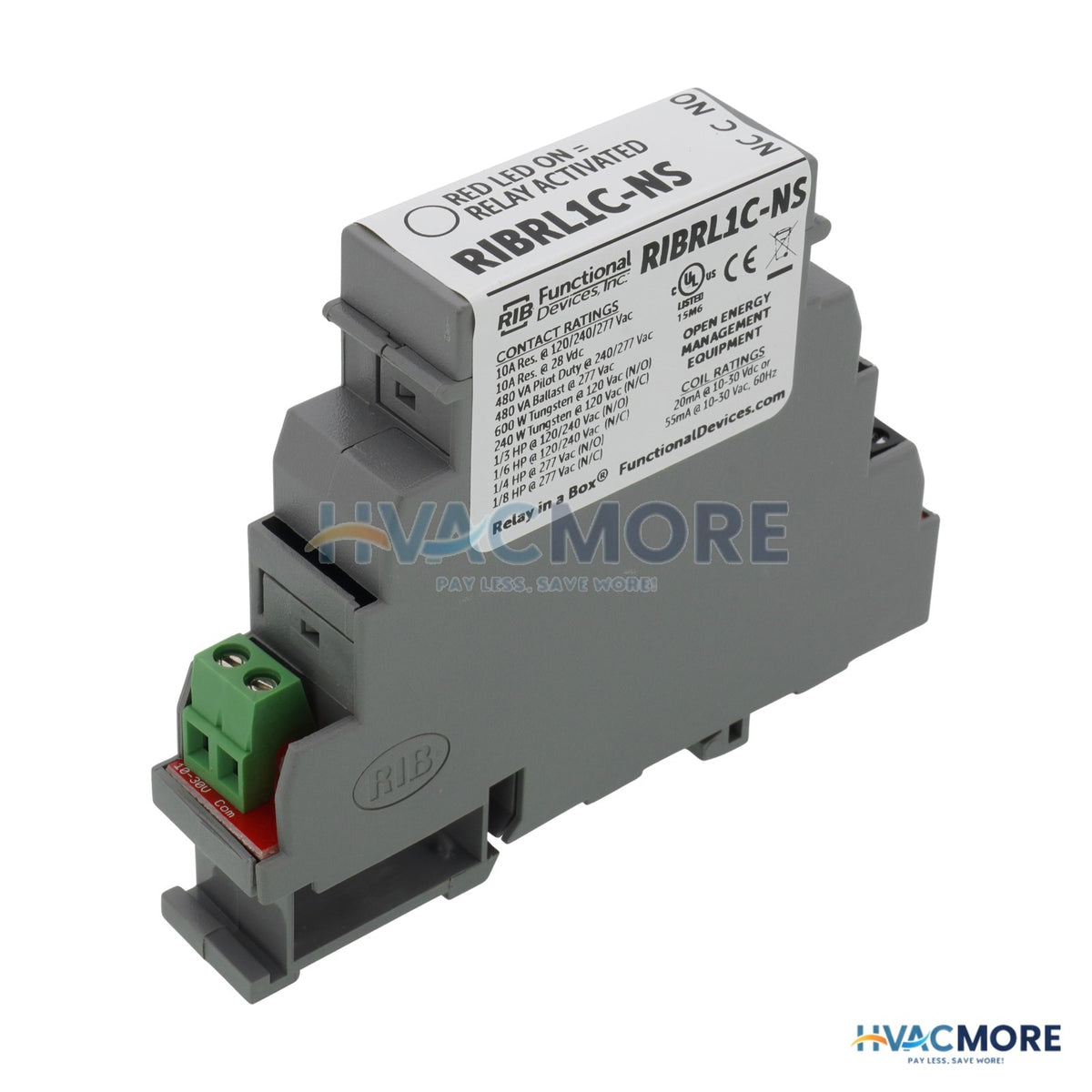 Functional Devices DIN Rail Mount Relay, 10 Amp SPDT, 10-30 VAC/DC Coil RIBRL1C-NS