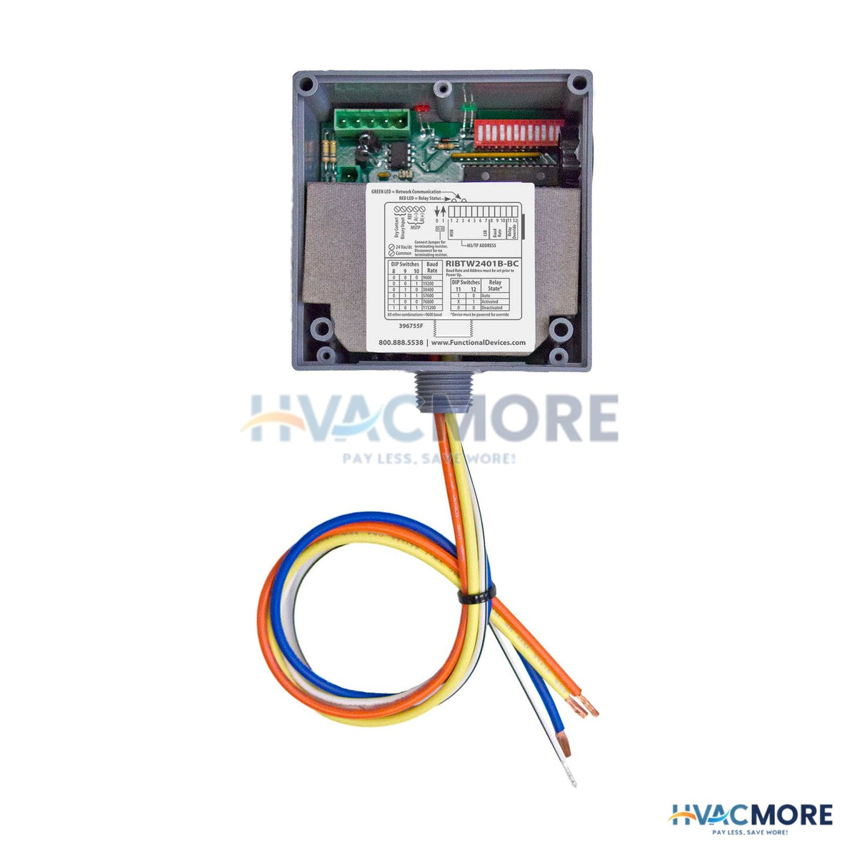 Functional Devices Enclosed BACnet MS/TP Network Relay, 1 Binary Input/Output, 24 VAC/DC/120 VAC, NEMA 1 RIBTW2401B-BC