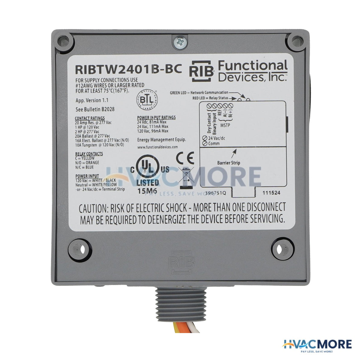 Functional Devices Enclosed BACnet MS/TP Network Relay, 1 Binary Input/Output, 24 VAC/DC/120 VAC, NEMA 1 RIBTW2401B-BC