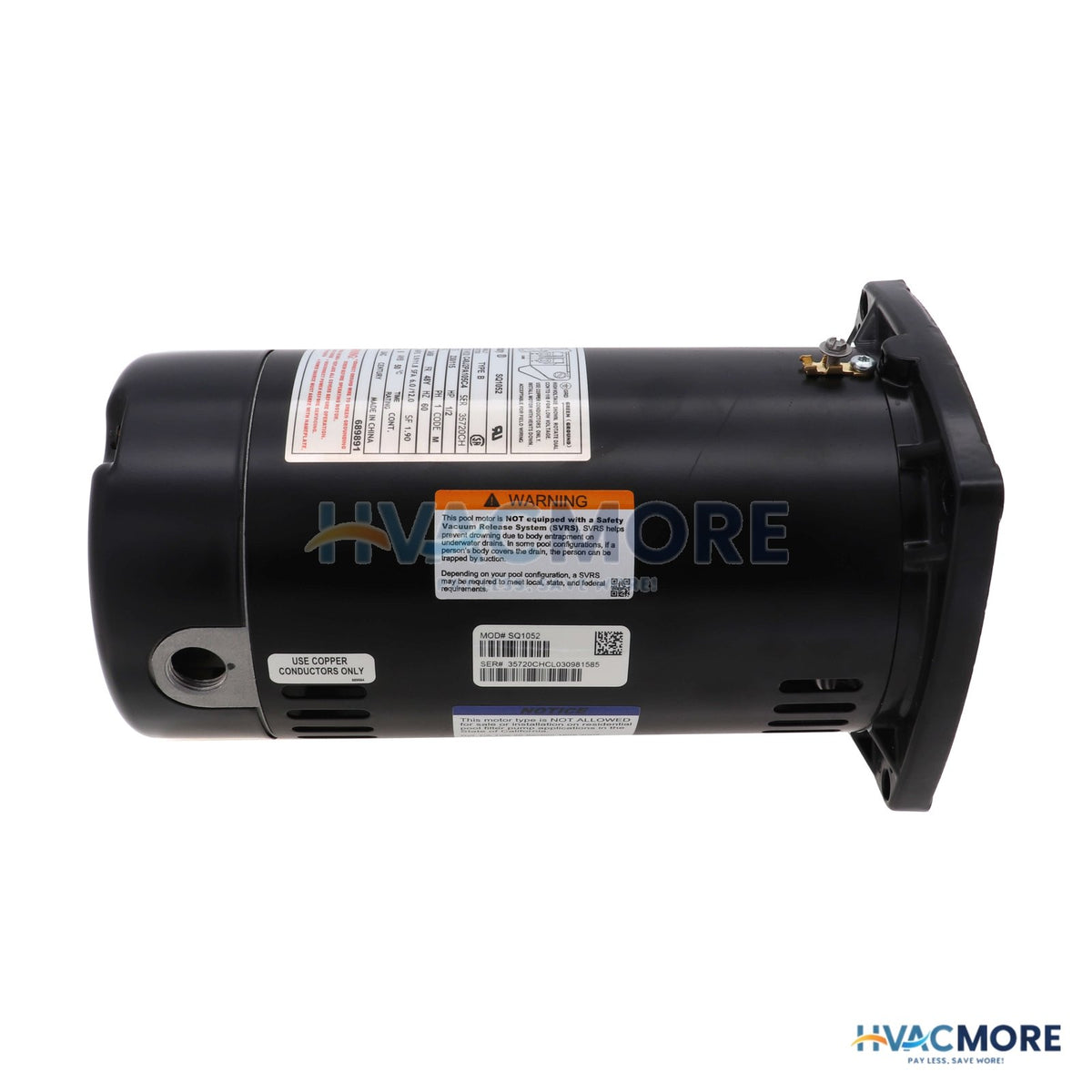 Century 1/2 HP 115/230V Square Flange Pool Filter Motor, 1 PH, 3450 RPM, 48Y Frame, ODP SQ1052