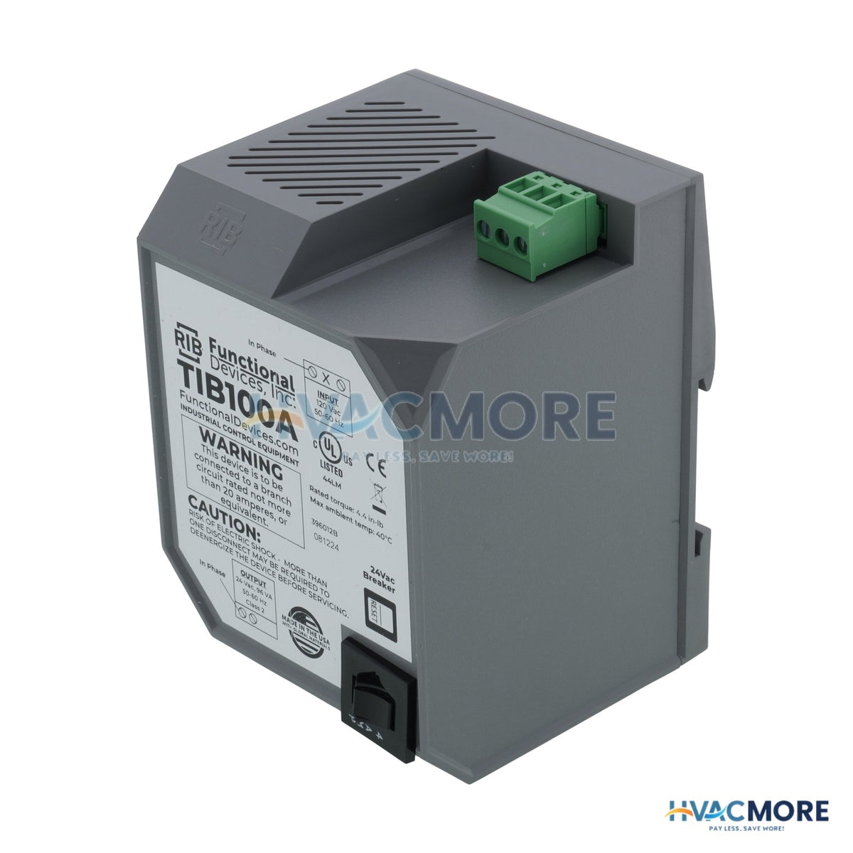 Functional Devices Transformer 96VA, 120 to 24 VAC, Circuit Breaker, DIN Rail Mount TIB100A