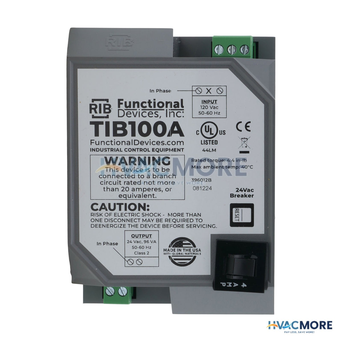 Functional Devices Transformer 96VA, 120 to 24 VAC, Circuit Breaker, DIN Rail Mount TIB100A
