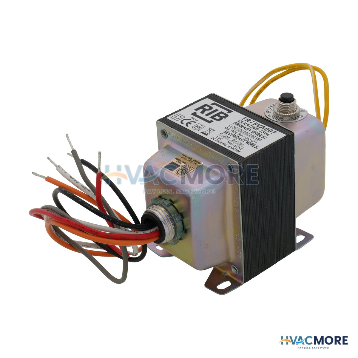 Functional Devices Transformer, 75 VA, 480/240/208/120 to 24 VAC, Circuit Breaker, Foot & Dual Threaded Hub Mount TR75VA007