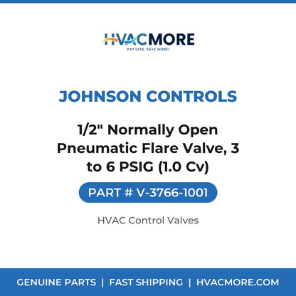 Johnson Controls 1/2" Normally Open Pneumatic Flare Valve, 3 to 6 PSIG (1.0 Cv) V-3766-1001