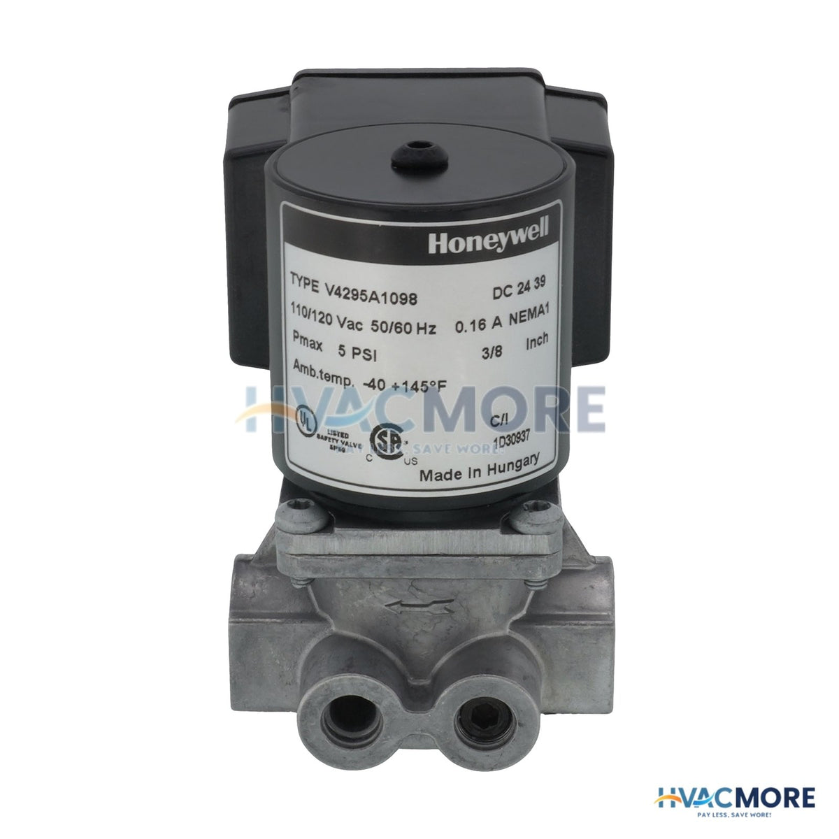 Honeywell Solenoid, Normally Closed Gas Valve, 3/8" NPT Pipe Size, 5 PSI Rated V4295A1098