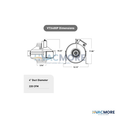 Atmosphere Vortex Powerfan 4" Inline Duct Fan W/ Automatic Pressure Switch (15 to 198 CFM) VTX400P