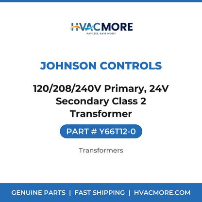 Johnson Controls 120/208/240V Primary, 24V Secondary Class 2 Transformer Y66T12-0