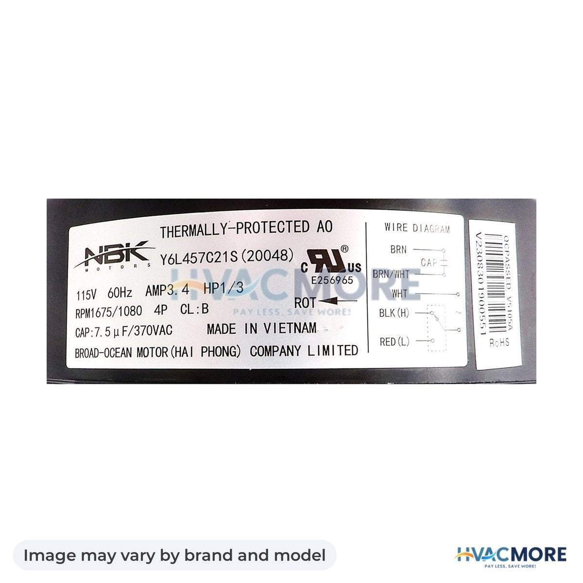 NBK Parts Condenser Motor D1092 5.0 Inch, 1/3 HP, 115V, 1675/1080 RPM HVM-14683069 - Image may vary by brand and model
