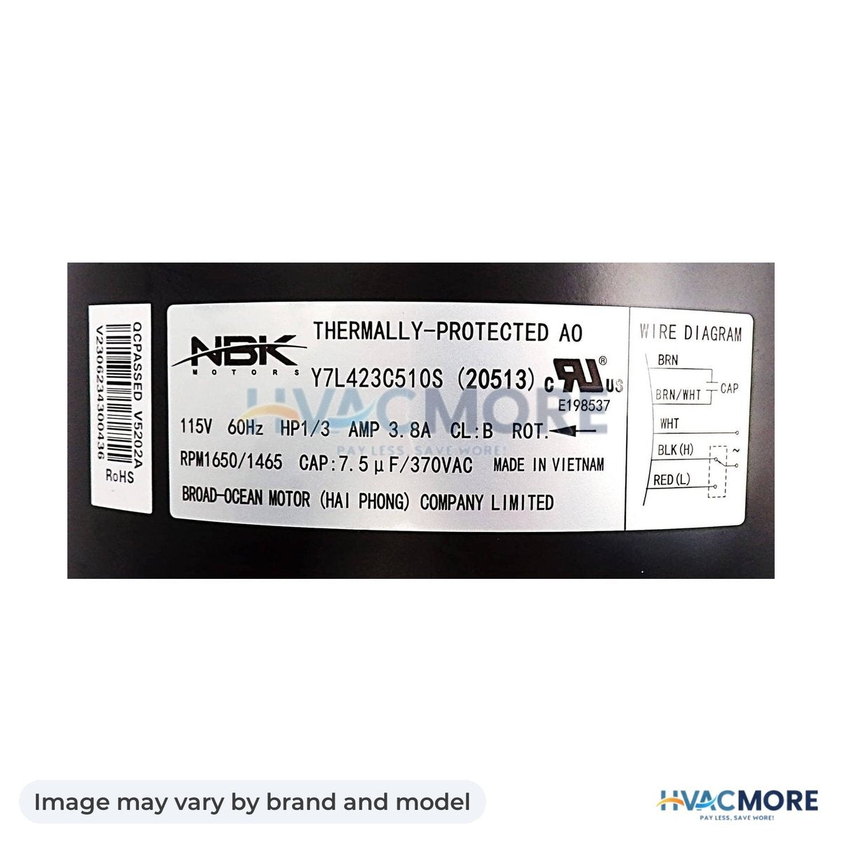 NBK Parts Condenser Motor 115V, HP 1/3 HVM-1468B3239 - Image may vary by brand and model