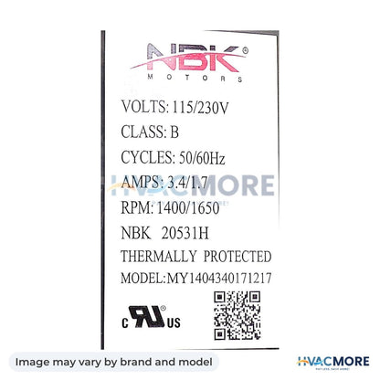 NBK Parts Blower Motor 115/230V High Temp HVM-1TDU2H - Image may vary by brand and model