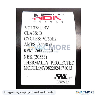 NBK Parts Blower Motor 115V HVM-1TDU8 - Image may vary by brand and model