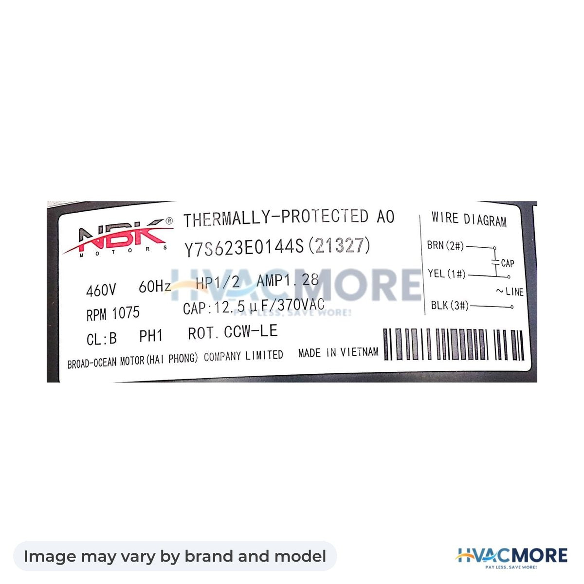 NBK Parts Condensor Motor 460 1/2 HP, 1075 RPM HVM-27J07 - Image may vary by brand and model