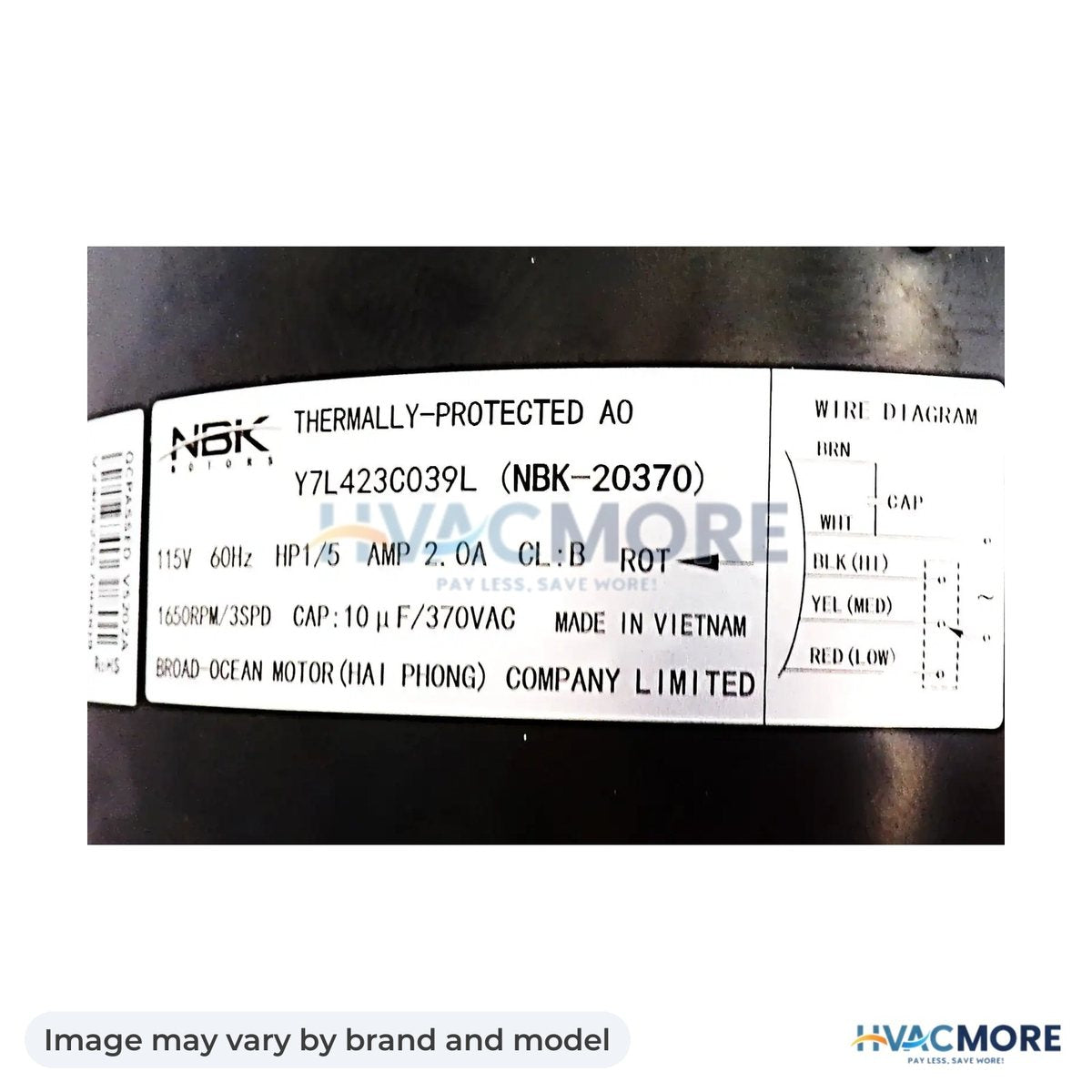NBK Parts Fan Motor 1/5 HP HVM-3313107.041 - Image may vary by brand and model