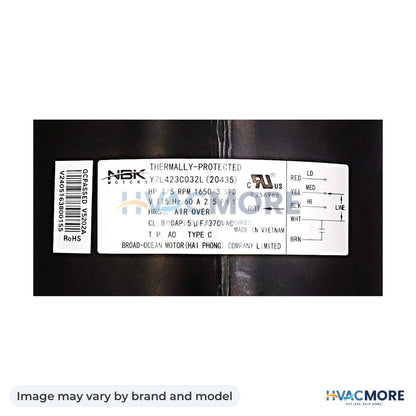 NBK Parts FAN MOTOR 1/5 HP 115V,60HZ,2.5A,1650 RPM,3SP, CCW Rotation HVM-3315332.005 - Image may vary by brand and model