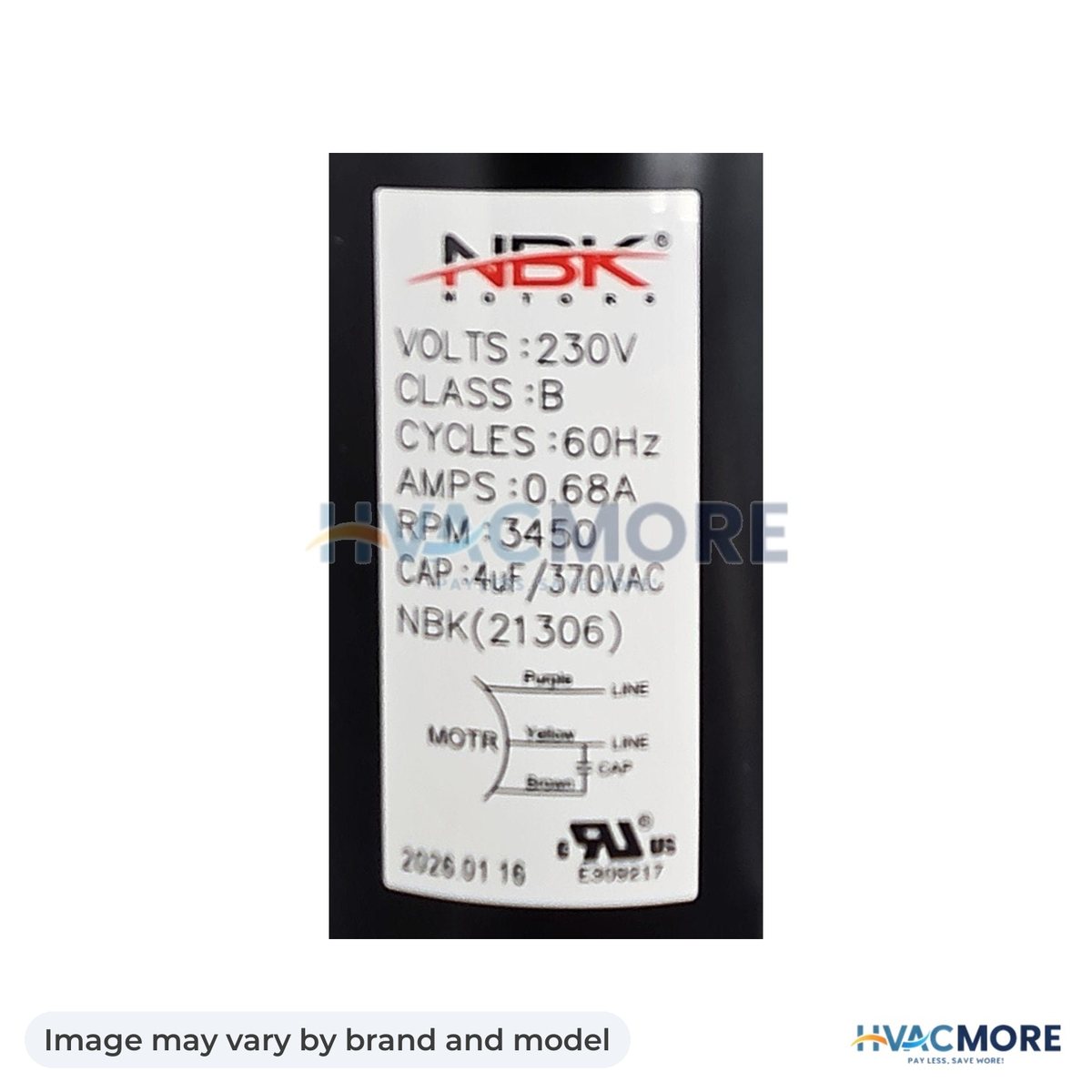 NBK Parts Draft Inducer 230V, 60Hz, 3450 RPM HVM-345585-75110 - Image may vary by brand and model