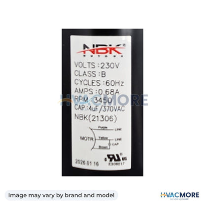 NBK Parts Draft Inducer 230V, 60Hz, 3450 RPM HVM-345585-75110 - Image may vary by brand and model
