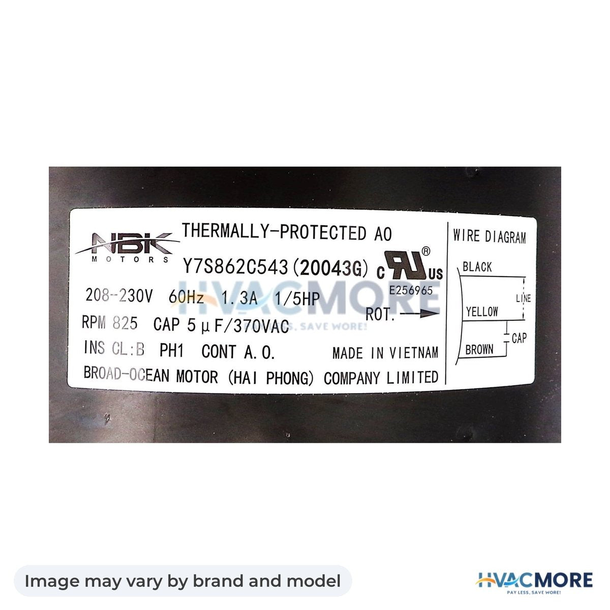 NBK Parts Condensor Motor 1/5 HP, 825 RPM, 208-230V HVM-3S003 - Image may vary by brand and model
