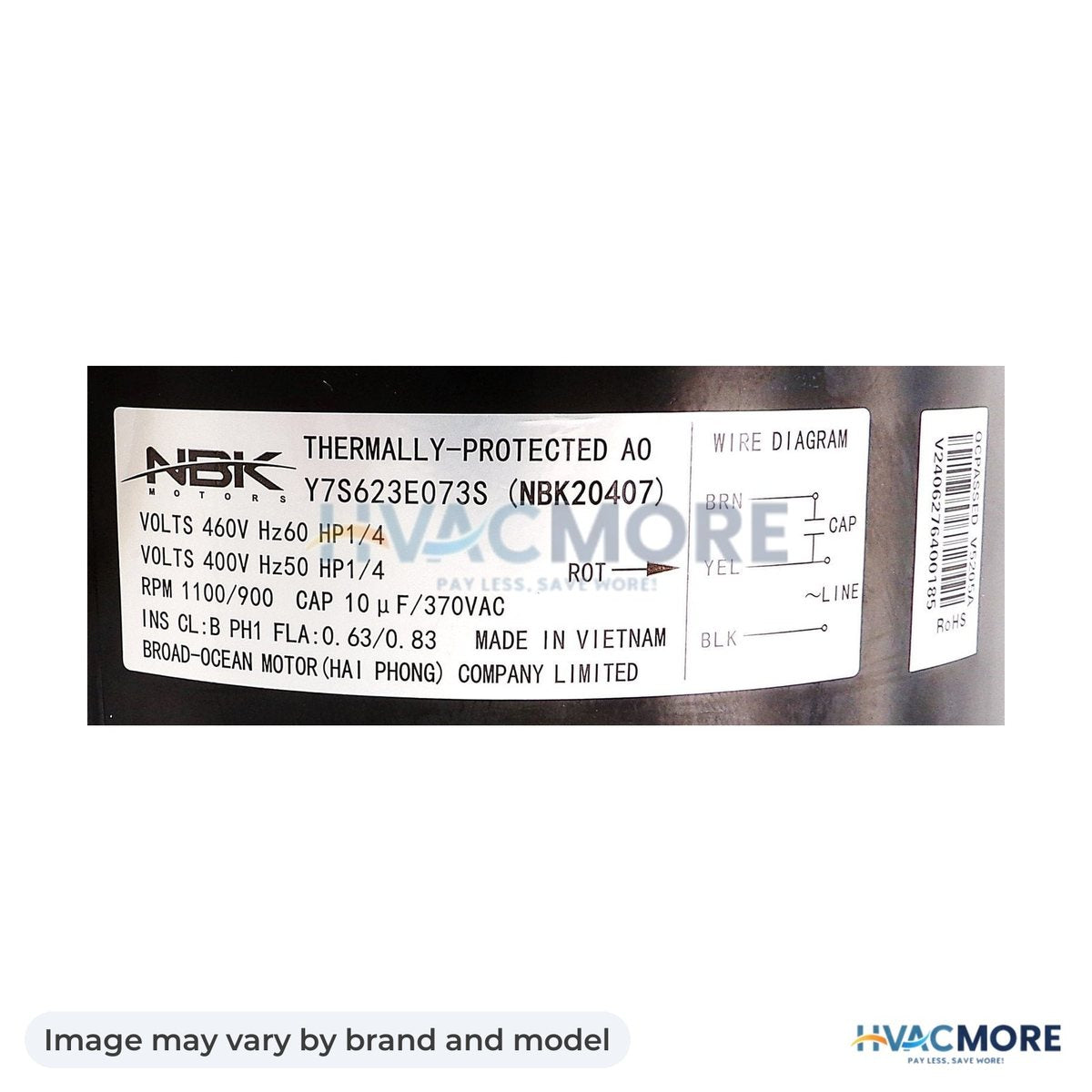 NBK Parts Condensor Motor 3S052 1/4 HP, 460/400V HVM-3S052 - Image may vary by brand and model