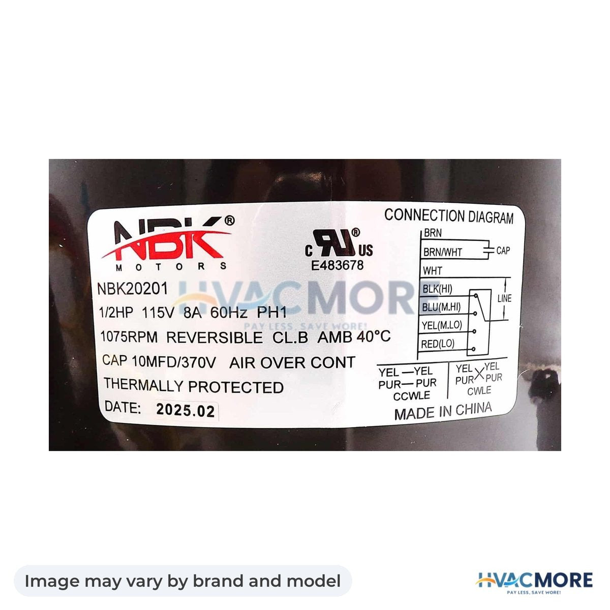 NBK Parts Blower Motor 1/2 HP 115V, 1075 RPM HVM-43787 - Image may vary by brand and model