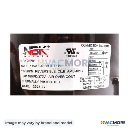 NBK Parts Blower Motor 1/2 HP 115V, 1075 RPM HVM-43787 - Image may vary by brand and model