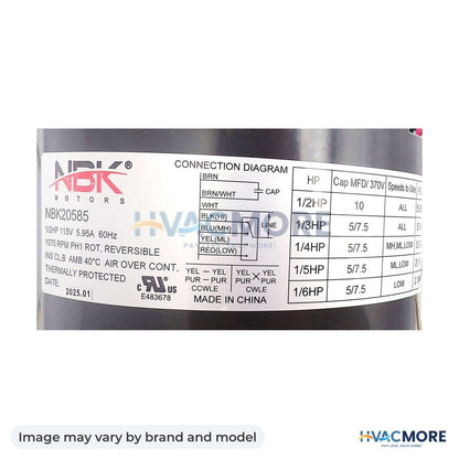 NBK Parts Blower Motor 115V, 1075 RPM, 1/2-1/6 HP HVM-5460 - Image may vary by brand and model