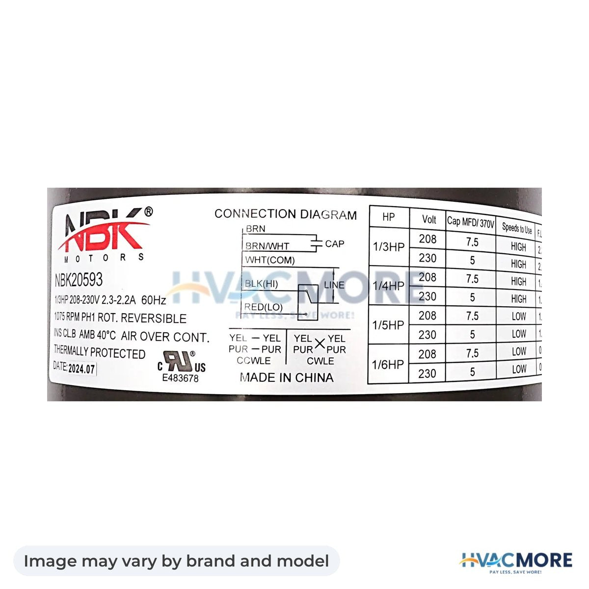 NBK Parts Condenser Motor 208-230V, 1075 RPM, 1/6-1/3 HP HVM-5462 - Image may vary by brand and model