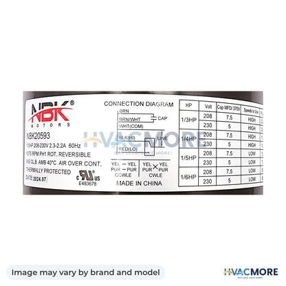 NBK Parts Condenser Motor 208-230V, 1075 RPM, 1/6-1/3 HP HVM-5462 - Image may vary by brand and model