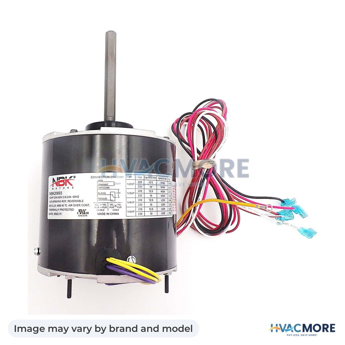 NBK Parts Condenser Motor 208-230V, 1075 RPM, 1/2-1/5 HP HVM-5465 - Image may vary by brand and model