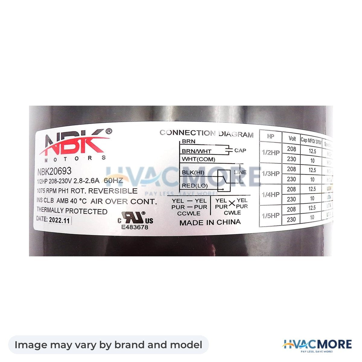NBK Parts Condenser Motor 208-230V, 1075 RPM, 1/2-1/5 HP HVM-5465 - Image may vary by brand and model