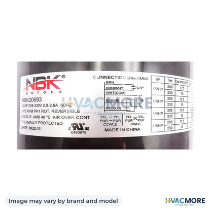 NBK Parts Condenser Motor 208-230V, 1075 RPM, 1/2-1/5 HP HVM-5465 - Image may vary by brand and model