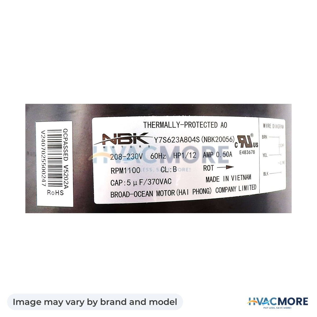 NBK Parts Condensor Fan Motor 1/12 HP 208/230V, 1100 RPM HVM-5KCP39BGY539S - Image may vary by brand and model