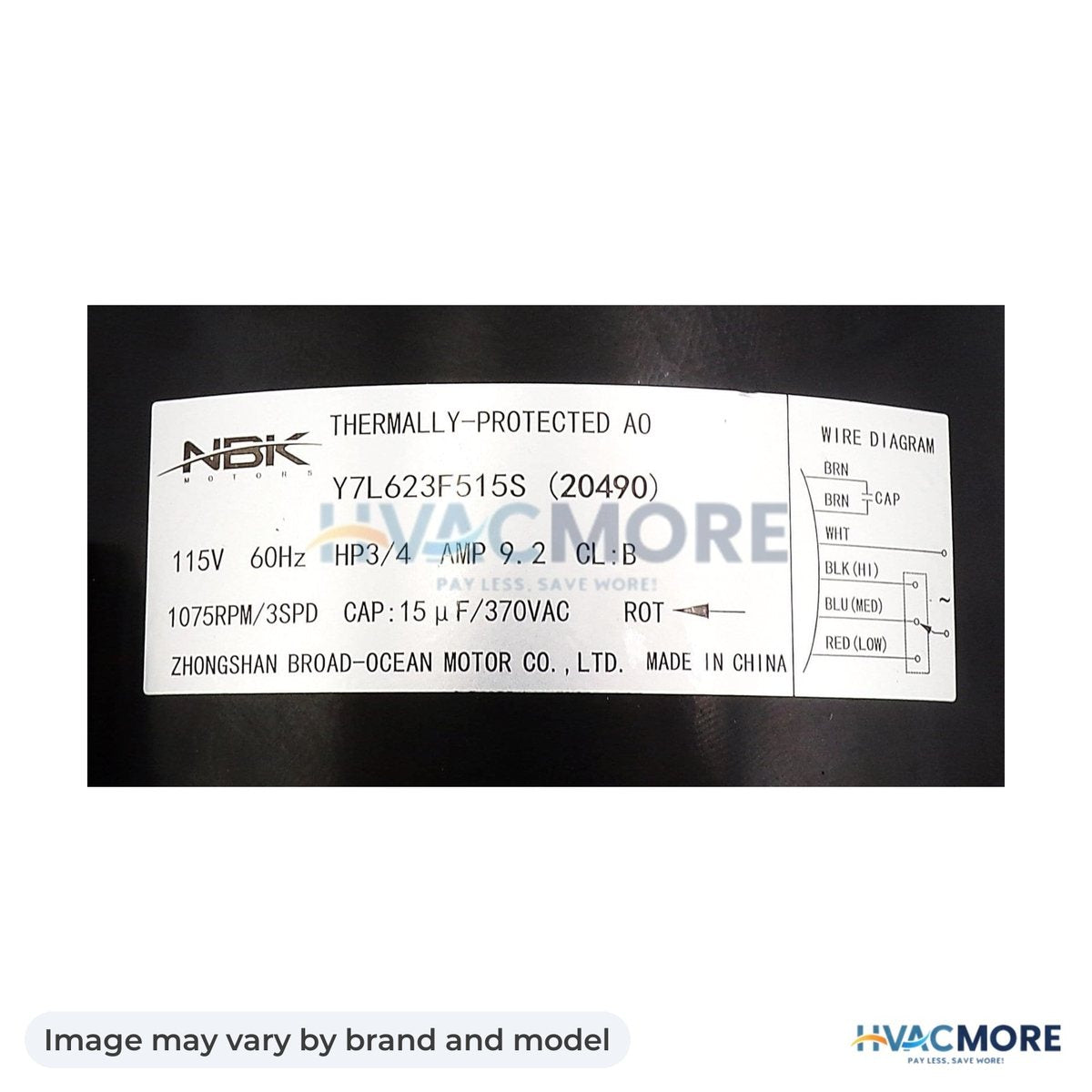 NBK Parts Blower Motor 115V - 3 Speed, 3/4 HP HVM-82113 - Image may vary by brand and model