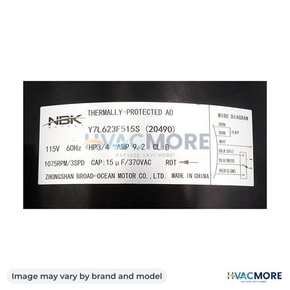 NBK Parts Blower Motor 115V - 3 Speed, 3/4 HP HVM-82113 - Image may vary by brand and model