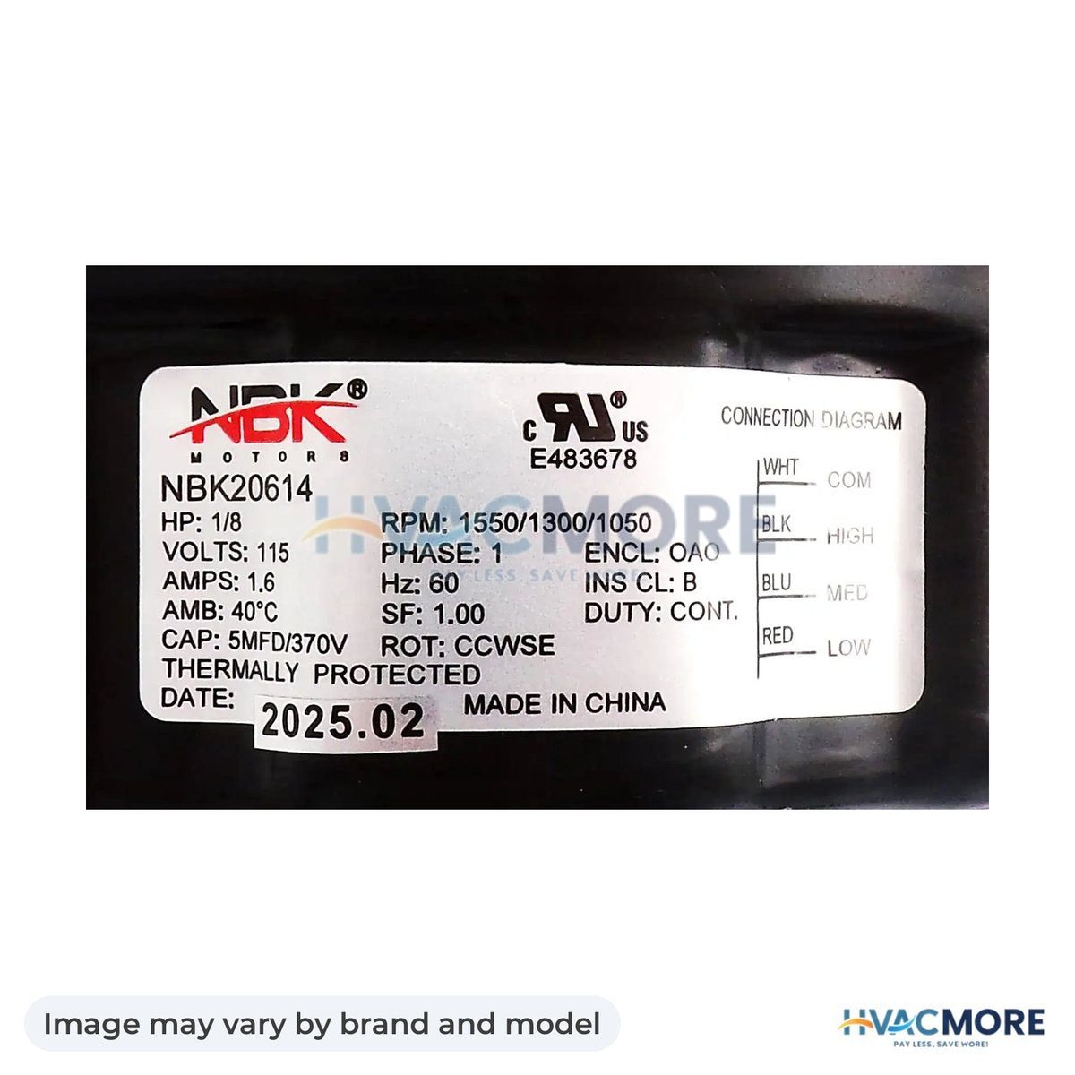 NBK Parts Motor 1/8 HP 115V, 1550 RPM, 1.6 Amp HVM-90318 - Image may vary by brand and model