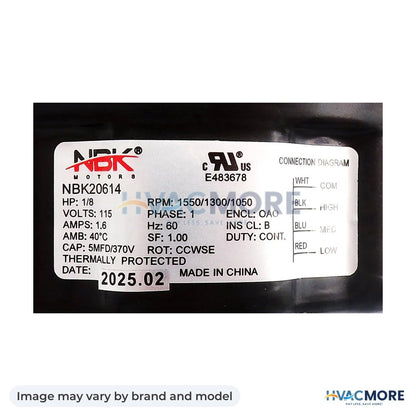 NBK Parts Motor 1/8 HP 115V, 1550 RPM, 1.6 Amp HVM-90318 - Image may vary by brand and model