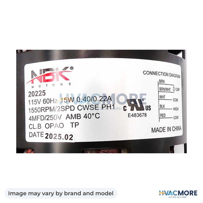 NBK Parts DRIVE MOTOR D1100 115V, 2-SPEED, 1550 RPM, 1/50 HP, 0.4/.022 Amps, CW HVM-D1100 - Image may vary by brand and model