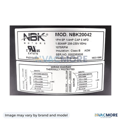 NBK Parts Condensor Motor 1/4 HP, 208-230V HVM-D909 - Image may vary by brand and model