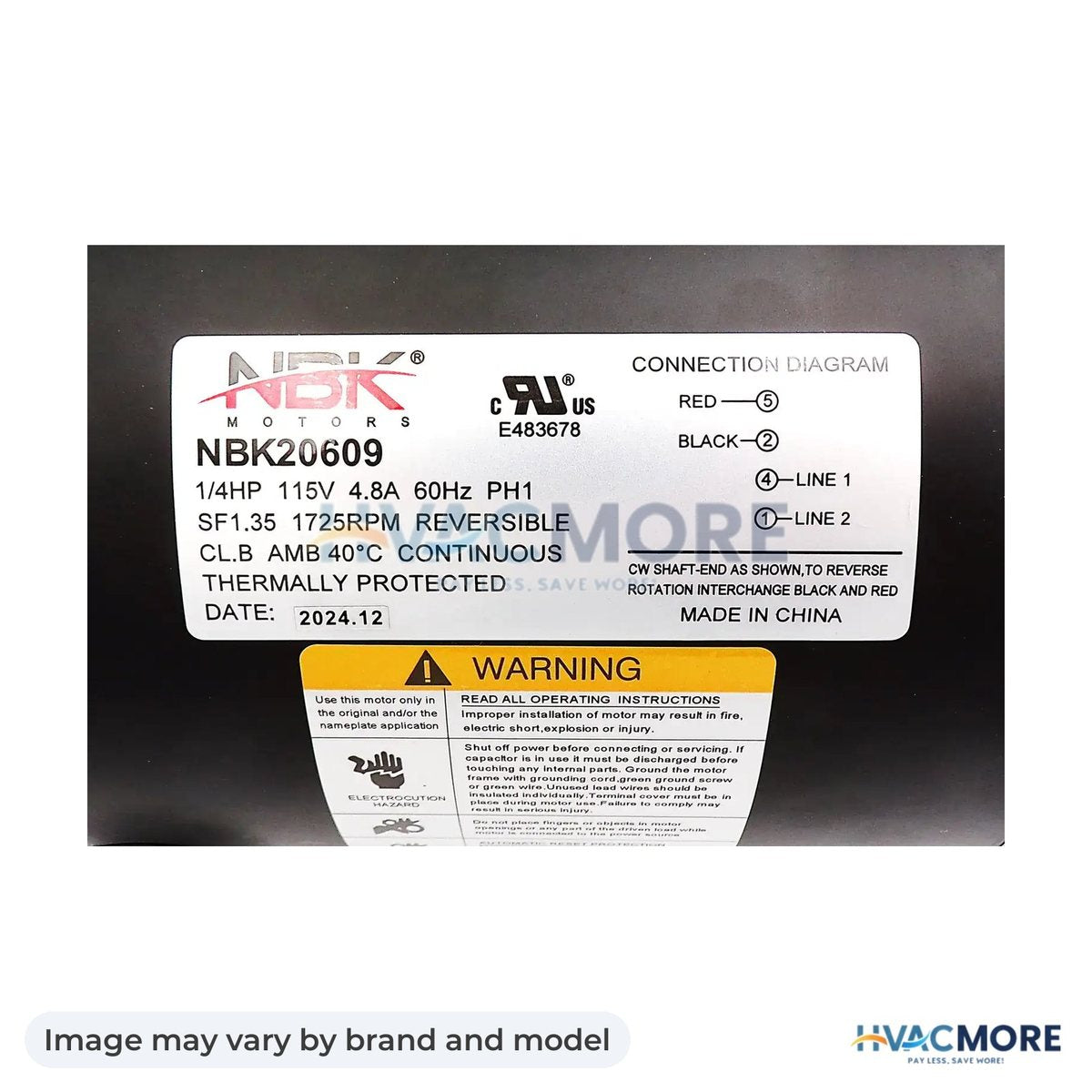 NBK Parts Fan Motor (Self Cooled) 115V, 1/4HP, 1725 RPM HVM-GF2024 - Image may vary by brand and model