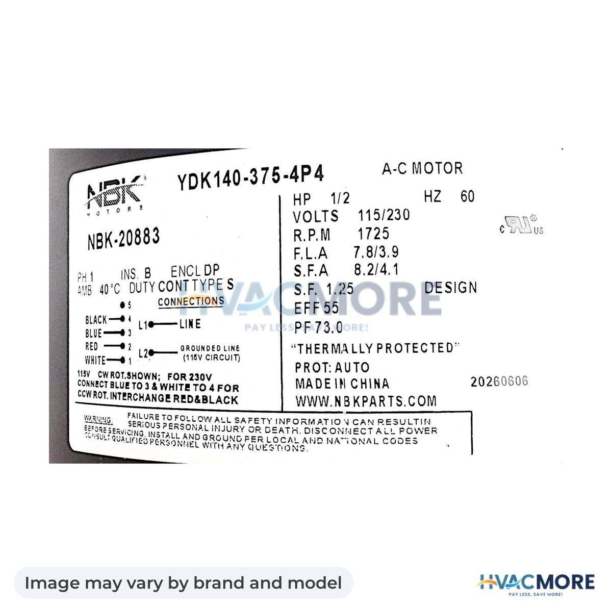 NBK Parts Fan Motor 1/2 HP, 115/230V, 60Hz HVM-GF2054D - Image may vary by brand and model