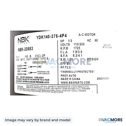 NBK Parts Fan Motor 1/2 HP, 115/230V, 60Hz HVM-GF2054D - Image may vary by brand and model