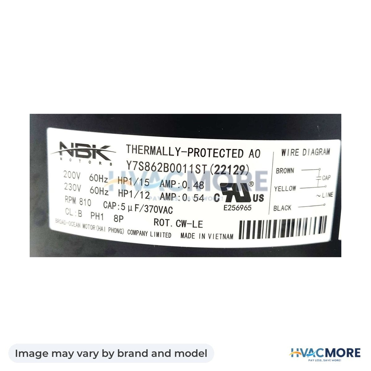 NBK Parts Condenser Motor 208/230V, 1/12 HP, 800 RPM HVM-HB32GQ230 - Image may vary by brand and model