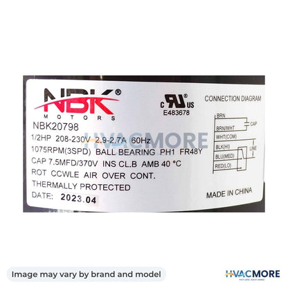 NBK Parts Fan Coil Motor 1/2 HP 208/230 Kit HVM-RA-1056 - Image may vary by brand and model