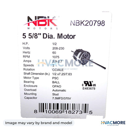 NBK Parts Fan Coil Motor 1/2 HP 208/230 Kit HVM-RA-1056 - Image may vary by brand and model